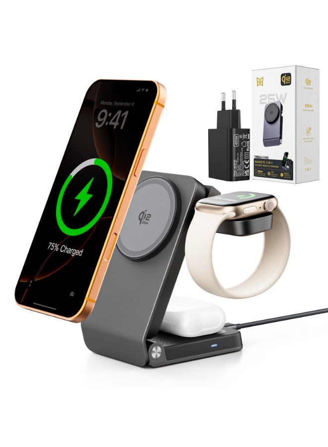 Beauty Beast 3-in-1 Magnetic Wireless Charging Station, Qi2.2 Certified 25W Fast Charger Stand with Active Cooling, Foldable Travel Mount for iPhone 17-12, Apple Watch & AirPods