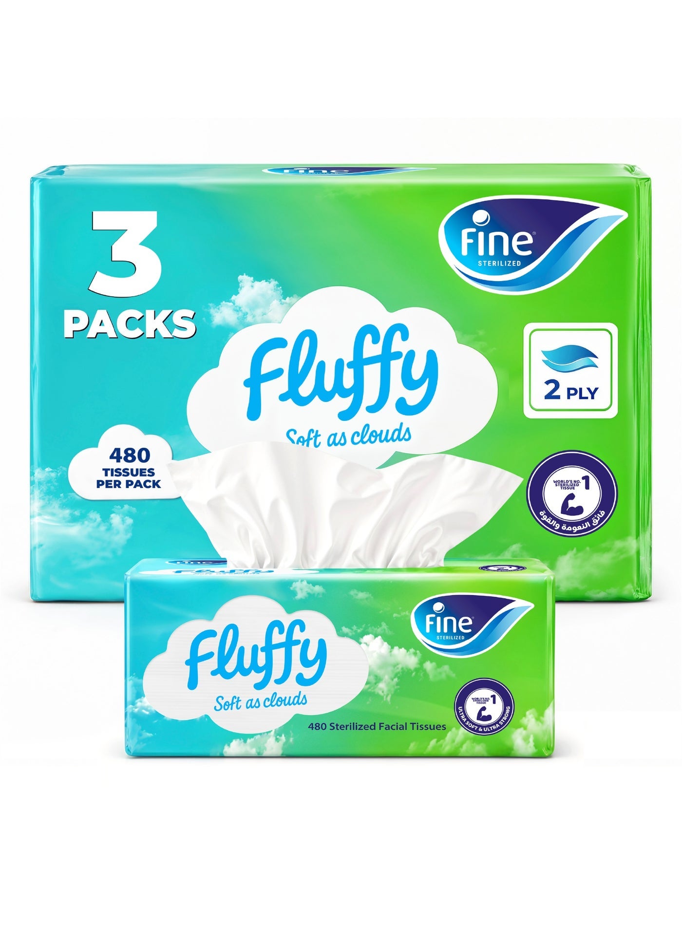 Fluffy 2 Ply Facial Tissue Soft Pack, 480 Sheets (Pack of 3)