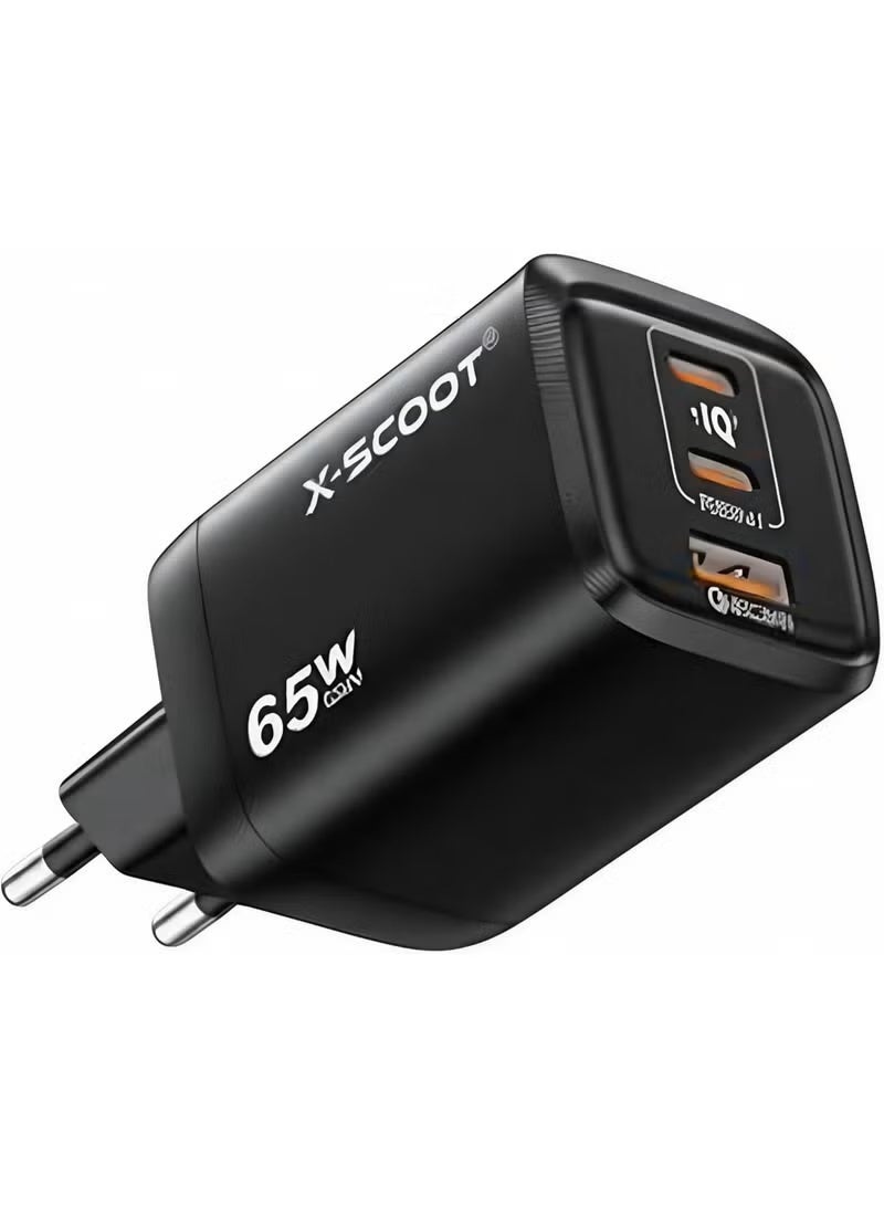 X-SCOOT GaN 65W Super Fast Charger with 3 Port (2x USB-C /1x USB-A), Supports PD/ 25W x 2, QC /20W fast charging & GaN tech. - For All Smartphones, Mobile, Laptops, and Tablets