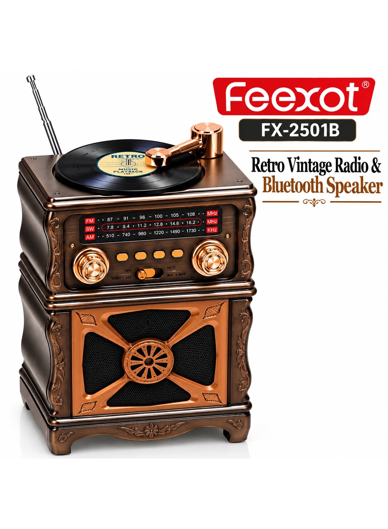 Feexot FX-2501B Retro Vintage 3-Band Radio & Bluetooth Speaker with USB, TF Card, AUX, MP3, Rechargeable Battery
