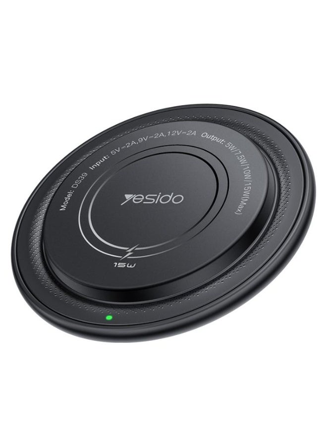 Yesido DS39 15W Magnetic Wireless Charger - Fast Charging Round Desktop Pad for Smartphones & Earbuds - Black