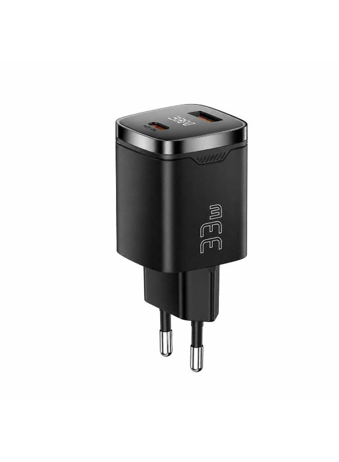 ESSAGER PD 33W GaN Dual Type-C Travel Charger with LED Display Fast Charging Compact Power Adapter - EU Plug / Black