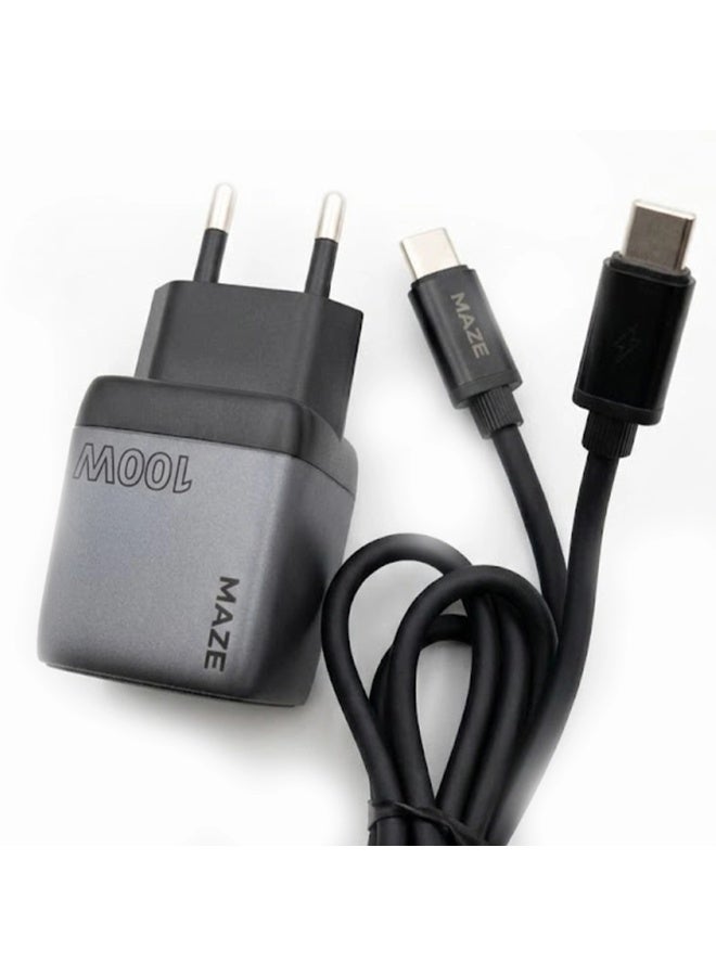 GA-49 100W Mini Fast Wall Charger with Type-C to Type-C Cable 1m, Dual Port (USB + Type-C) PD , Fast Charging Adapter, Intelligent Safety Protection, Quick Charge Compatible for all devices