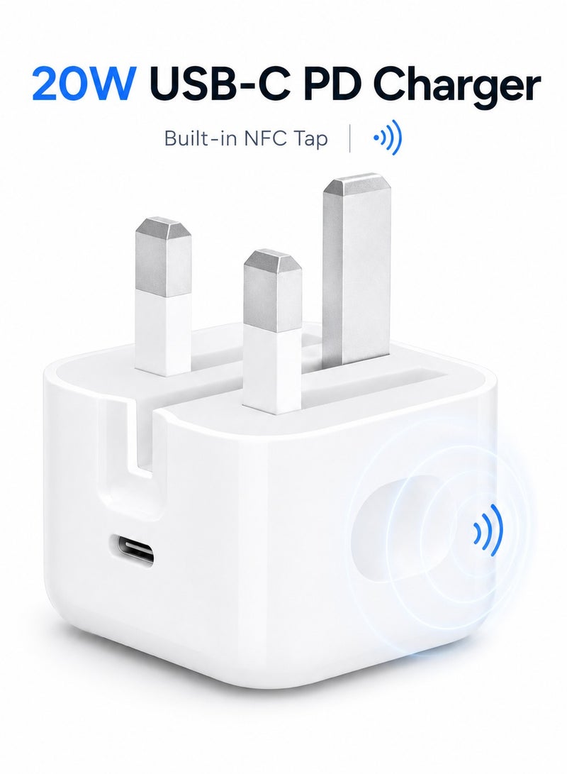 20W iPhone Charger Adapter, Premium Quality USB-C PD Fast Wall Charger with NFC Smart Tag, UK 3-Pin Plug Compatible with Apple iPhone 11/12/13/14/15/16 - White