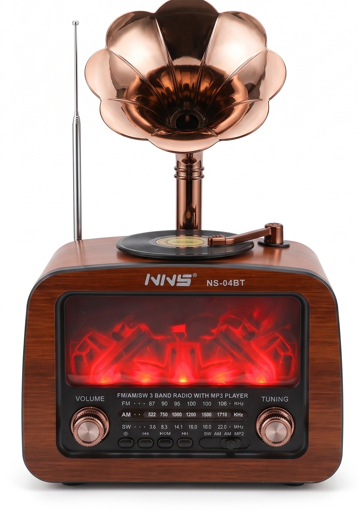 NNS Vintage Gramophone Retro Radio and Bluetooth Speaker with Flame Lamp Effect, 3-Band FM AM SW, USB TF Card Player Brown 1800mAh NS-04BT