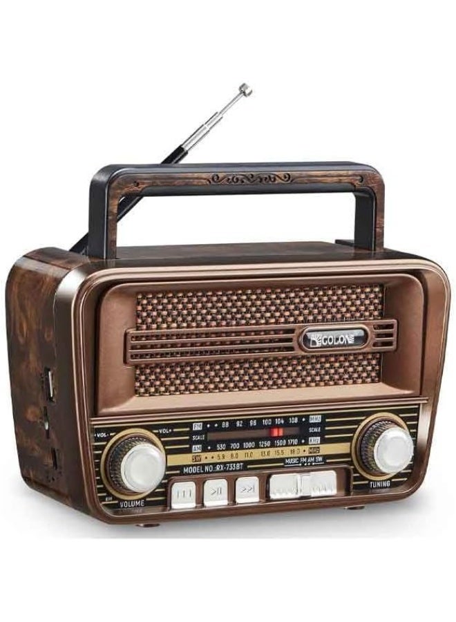 Golon RX-733BT Portable Retro Bluetooth 5.3 Radio Speaker – AM/FM/SW, USB & TF Card Support, Battery Powered (Dark)