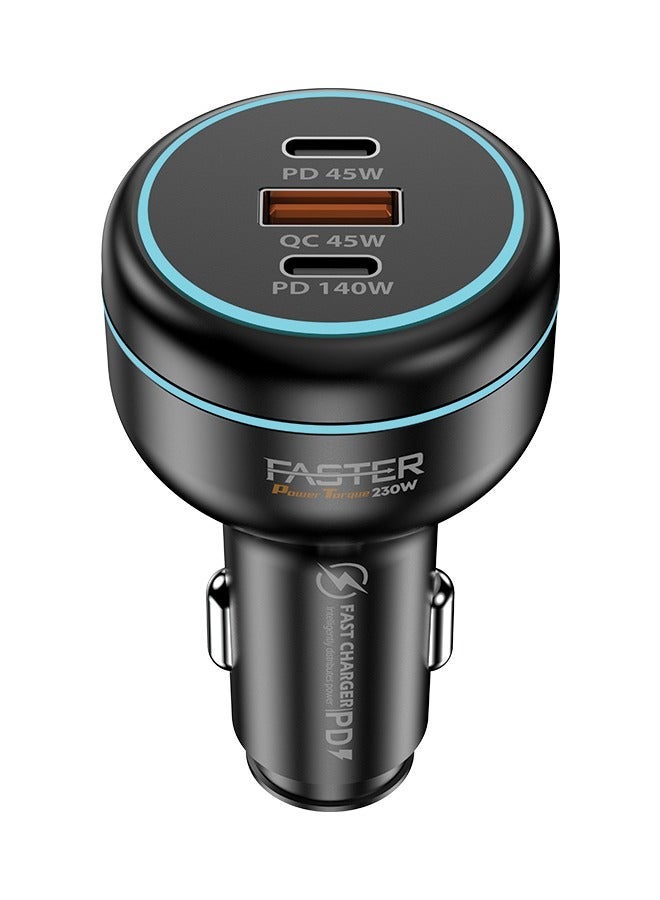 Faster Power Torque 230W Car Charger- 3 Ports USB Car Charger PD45W, QC45W, PD140W- Fast Charging Triple Power Delivery USB-A Output 45W, USB-C Outputs 45W & 140W, Heat Resistant, Surge Protection 100W PD Included Compatible iphones, MacBooks & Androids, Travel Essential Super Fast Mobile Phone Adapter