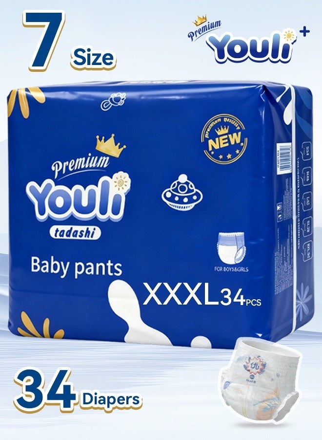 Baby Diapers,Pants Diapers Size 7,17+ Kg,360° Leak-Free Fit For Up To 100% Leakage Protection, Ultimate Comfort Rash Protection Mega Pack 34 Diapers