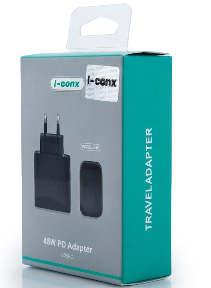 45W PD Fast Wall Charger – USB-C Power Delivery Travel Adapter, Super Fast Type-C Charging Plug with Smart Protection for iPhone 16/15, Samsung Galaxy, Google Pixel, iPad & USB-C Devices – Black