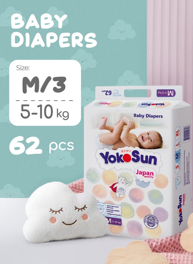 YokoSun Baby Diapers, Size 3 / M (5-10 kg), 62 pcs â€“ Ultra-Soft, Hypoallergenic Nappies, Japanese Technology for Baby Skin Care, Leakproof with 12-Hour Dryness Protection