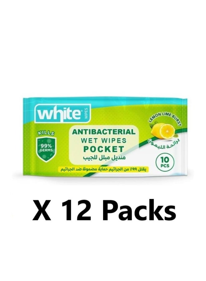12 Packs of White Anti-Bacterial Multipurpose Pocket Lemon Wipes 10 Wipes