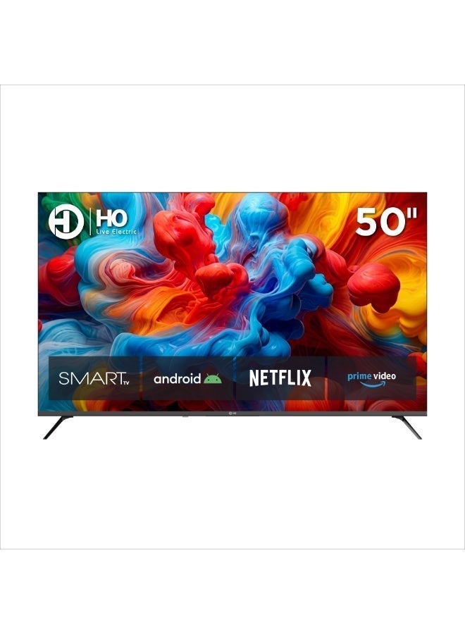 50-Inch Frameless 4K UHD Smart Android TV – Built-in Digital Receiver, WiFi, 3 HDMI, 2 USB, AV Input, Headphone Output