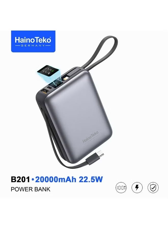 Power Bank HainoTeko B201 20000mAh Portable Charger with Built in Type C and Lightning Cables 22.5W Fast Charging