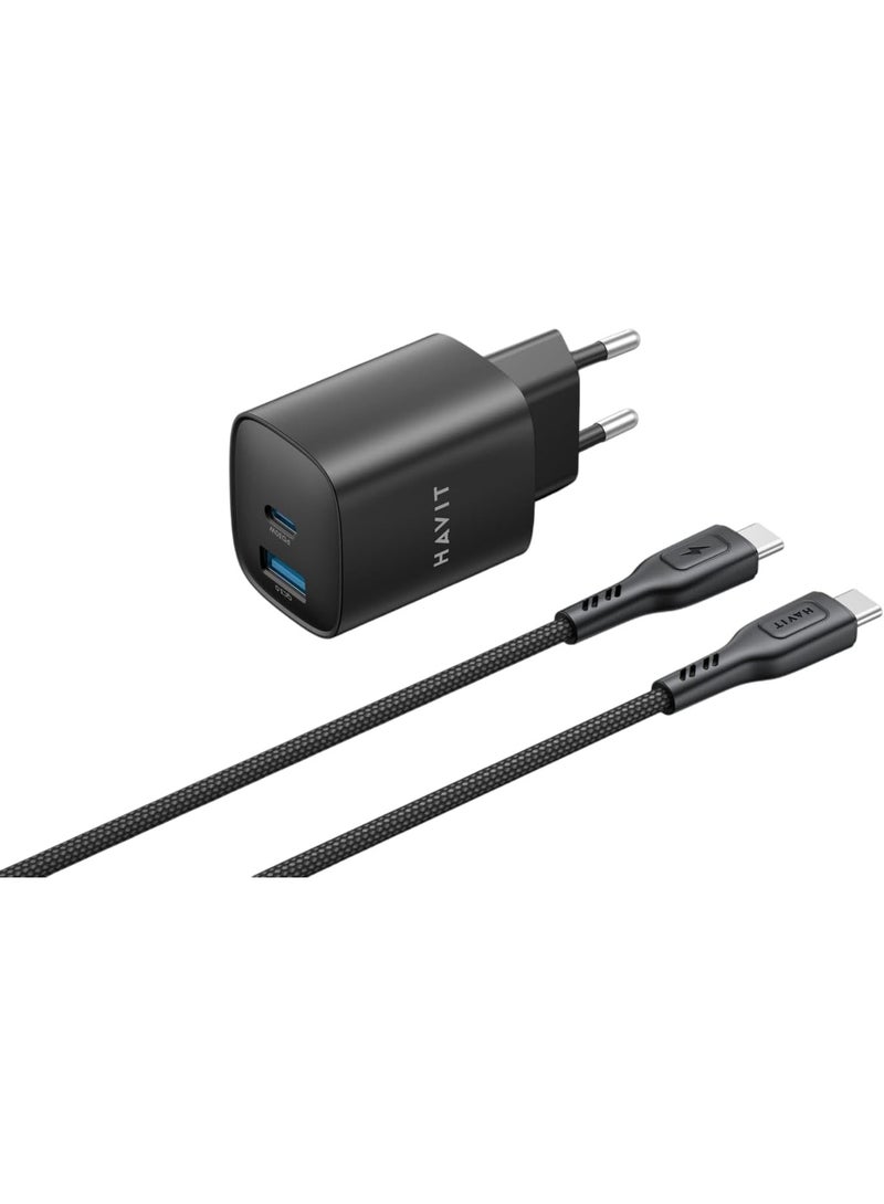 HAVIT ST932-30W GaN Wall Charger with 60W USB-C to USB-C Nylon Cable, EU Plug, Fast Charging Adapter for Smartphones, Tablets, Laptops, Nintendo Switch & Other USB-C Devices