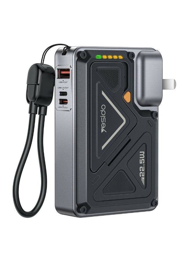 Yesido YP89 10000mAh Magnetic Wireless Power Bank with Built-in AC Plug & Cables - 22.5W Fast Charging Portable Charger with Phone Stand - Black/Grey