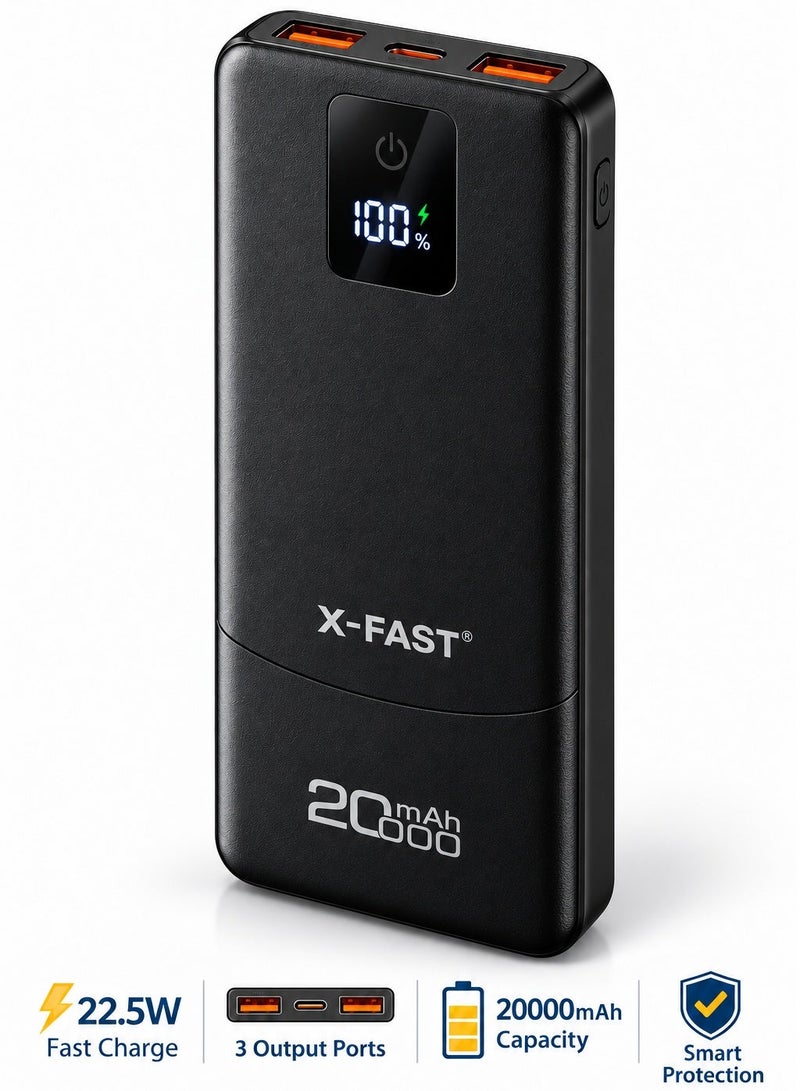 X-FAST 20000mAh Power Bank, 22.5W Fast Charging, Digital LED Battery Display, 3 Output Ports with USB-C & Dual USB-A, Smart Protection – Black