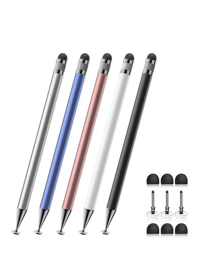 TTESL Stylus(5 Pcs),2-in-1 Stylus Pen for Touchscreen,Stylus Pen | Metal Barrel,Suitable for Apple(iPhone/ipad)/Nintendo Switch/Samsung/Google/Microsoft/Android Tablets Touch Screen Devices(Black/White/Blue/Rose Gold/Silver)