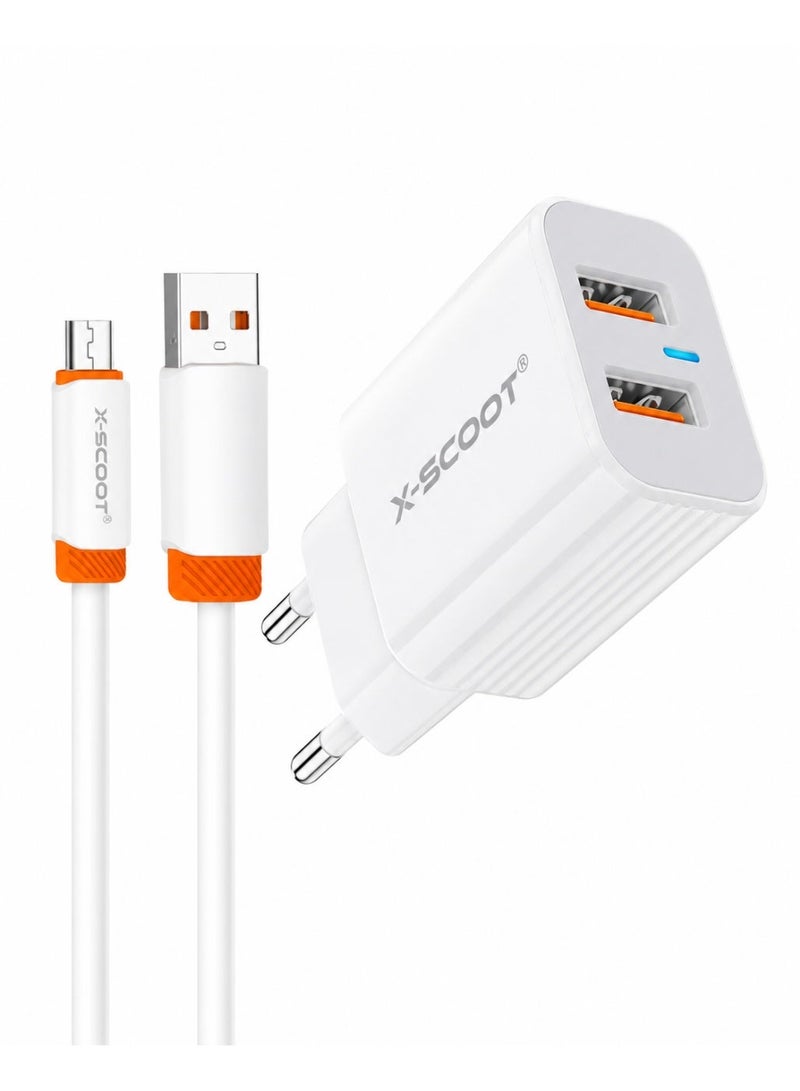 CH-269 2.1A Fast Wall Charger with Micro USB Cable – Safe & Stable Charging, Heat-Resistant Design, Intelligent Protection System, Compact Lightweight Adapter, Universal Micro USB Compatibility for Smartphones, Tablets & Other Micro USB Devices – White