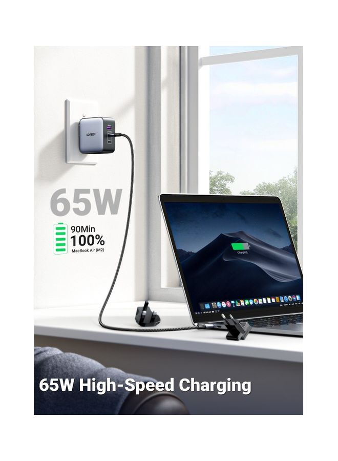 Nexode GaN 65W USB C Charger International Travel Charger Plug 3-Port Fast Wall Charger Head, US/UK/EU Plug Laptop Charger Compatible for MacBook, HP, Dell, Lenovo, iPhone, iPad, Galaxy, Switch, etc Grey
