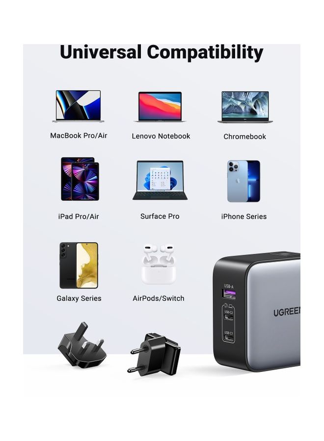 Nexode GaN 65W USB C Charger International Travel Charger Plug 3-Port Fast Wall Charger Head, US/UK/EU Plug Laptop Charger Compatible for MacBook, HP, Dell, Lenovo, iPhone, iPad, Galaxy, Switch, etc Grey