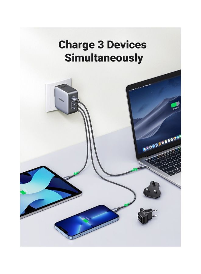 Nexode GaN 65W USB C Charger International Travel Charger Plug 3-Port Fast Wall Charger Head, US/UK/EU Plug Laptop Charger Compatible for MacBook, HP, Dell, Lenovo, iPhone, iPad, Galaxy, Switch, etc Grey