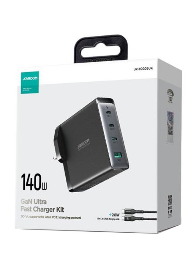 Fast Charger And Cable Set PD 140W 4-Port GaN Type-C Plug QC 3.0 USB C Laptop Adapter Compatible With MacBook Pro/Air, Dell XPS, iPhone 14/15,iPad Pro, Galaxy S23,Pixel 7,Steam Deck/Lenovo/ASUS Contains A 140W C-C Data Cable Black