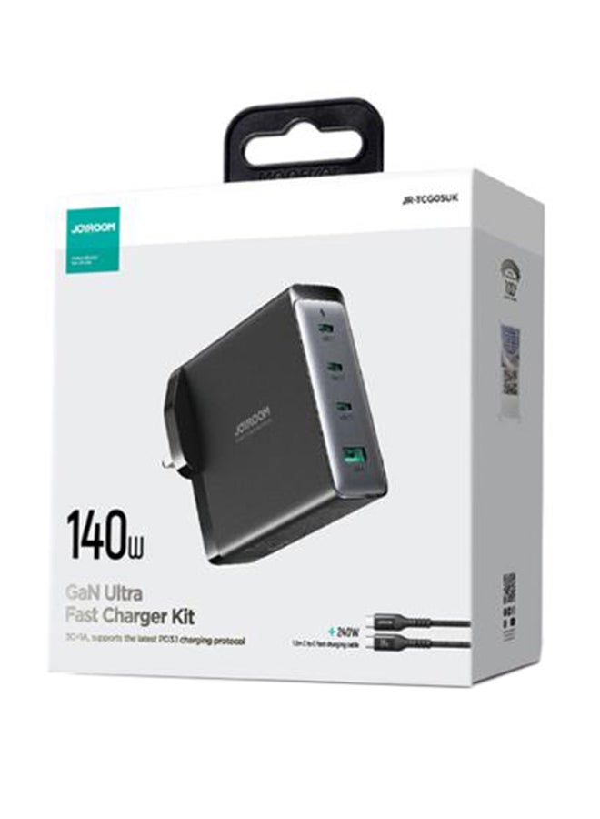 Fast Charger And Cable Set PD 140W 4-Port GaN Type-C Plug QC 3.0 USB C Laptop Adapter Compatible With MacBook Pro/Air, Dell XPS, iPhone 14/15,iPad Pro, Galaxy S23,Pixel 7,Steam Deck/Lenovo/ASUS Contains A 140W C-C Data Cable Black