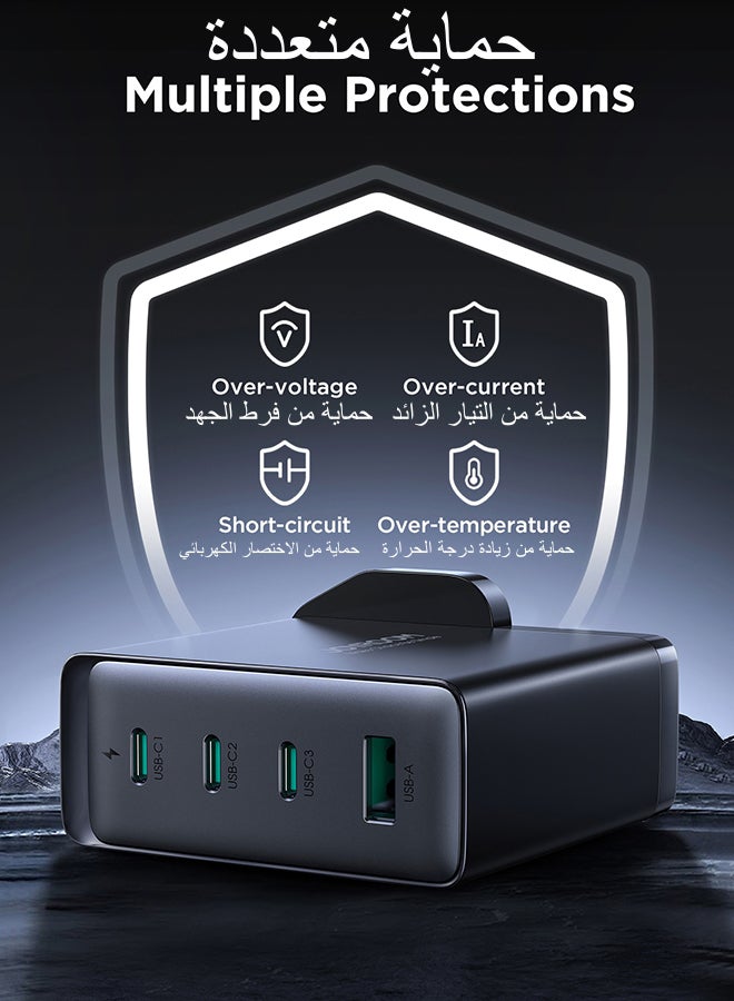 Fast Charger And Cable Set PD 140W 4-Port GaN Type-C Plug QC 3.0 USB C Laptop Adapter Compatible With MacBook Pro/Air, Dell XPS, iPhone 14/15,iPad Pro, Galaxy S23,Pixel 7,Steam Deck/Lenovo/ASUS Contains A 140W C-C Data Cable Black