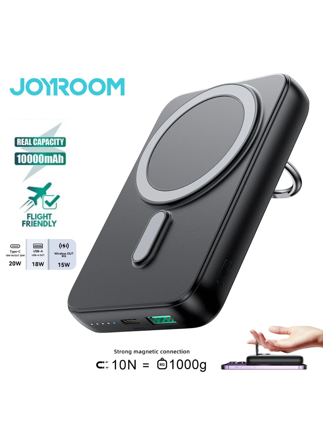 10000 mAh Magnetic Wireless 10000Mah Fast Charging Power Bank | 20W Pd Fast Charging, 15W Wireless, Strong Ring Grip & Kickstand Feature, 3-Device Charging At Once, Smart Temp Control - Certified & Safe Black