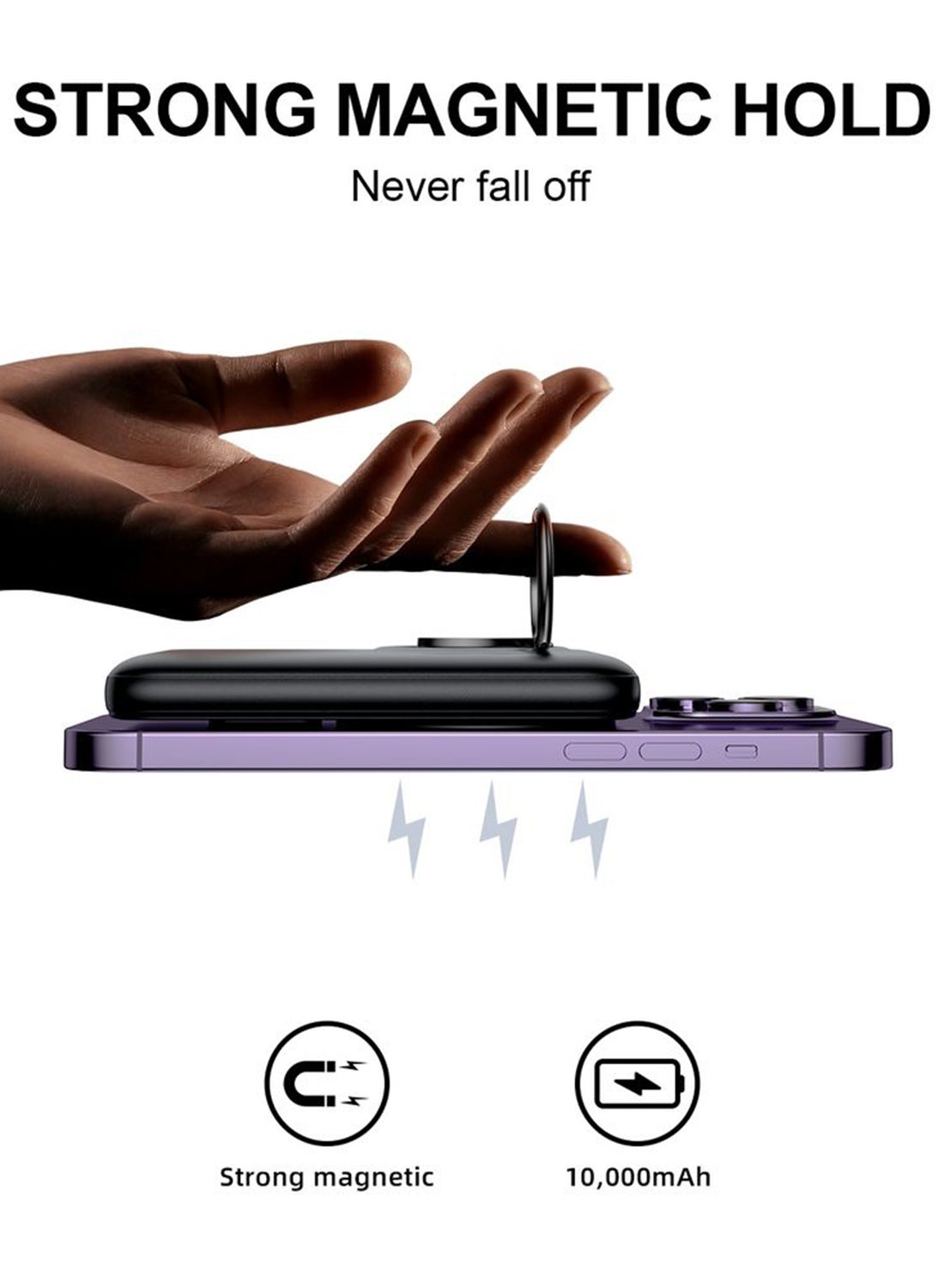 10000 mAh Magnetic Wireless 10000Mah  Fast Charging Power Bank | 20W Pd Fast Charging, 15W Wireless, Strong Ring Grip & Kickstand Feature, 3-Device Charging At Once, Smart Temp Control - Certified & Safe Black