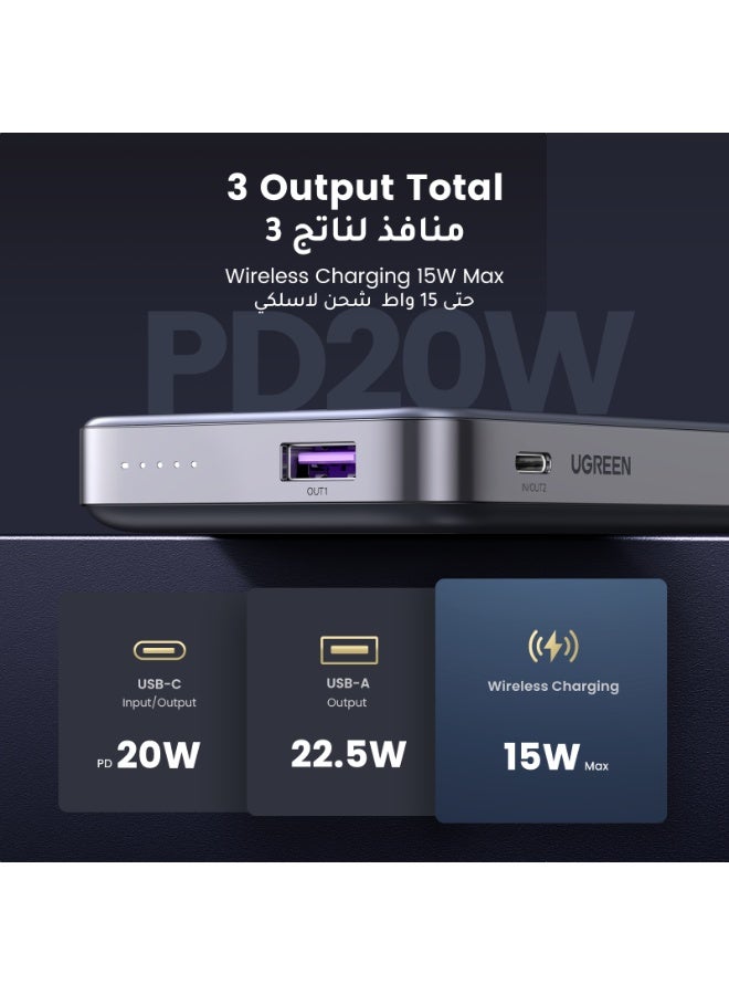 10000 mAh 10000 mAh Magsafe Power Bank 10000mAh 15W Wireless With Kickstand Wireless Portable Charger With PD 20W USB-C Port, 22.5W USB-A Port Fast Charging For MagSafe Battery Pack iPhone, Flight Approved Grey with Stand