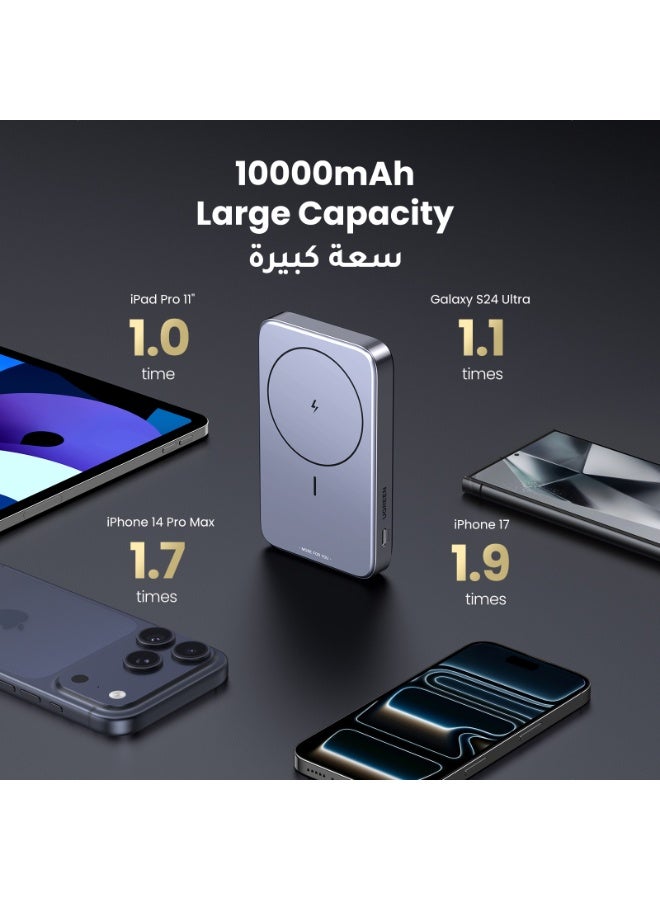 10000 mAh 10000 mAh Magsafe Power Bank 10000mAh 15W Wireless With Kickstand Wireless Portable Charger With PD 20W USB-C Port, 22.5W USB-A Port Fast Charging For MagSafe Battery Pack iPhone, Flight Approved Grey with Stand