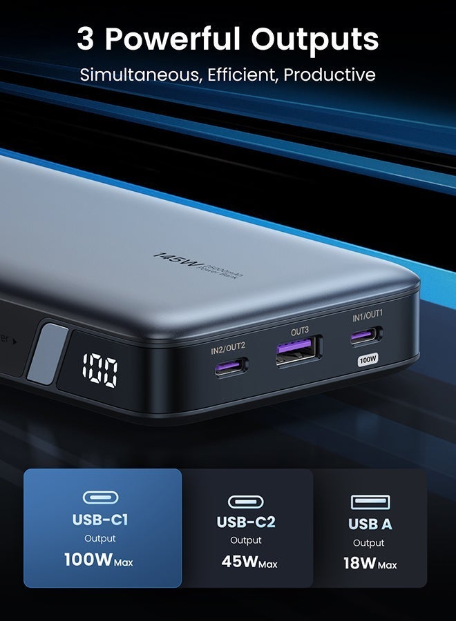 25000 mAh 25000mAh 145W Power Bank with Cable, 3-Port USB-C Fast Charging, Smart Digital Display Laptop Portable Charger for iPhone 18 Pro, iPhone 18 Pro Max, iPhone Duo, MacBook Pro/Air, Samsung S26/S25, iPhone 17/16, Dell, DJI Pocket 25000mAh 145W 25000mAh 145W