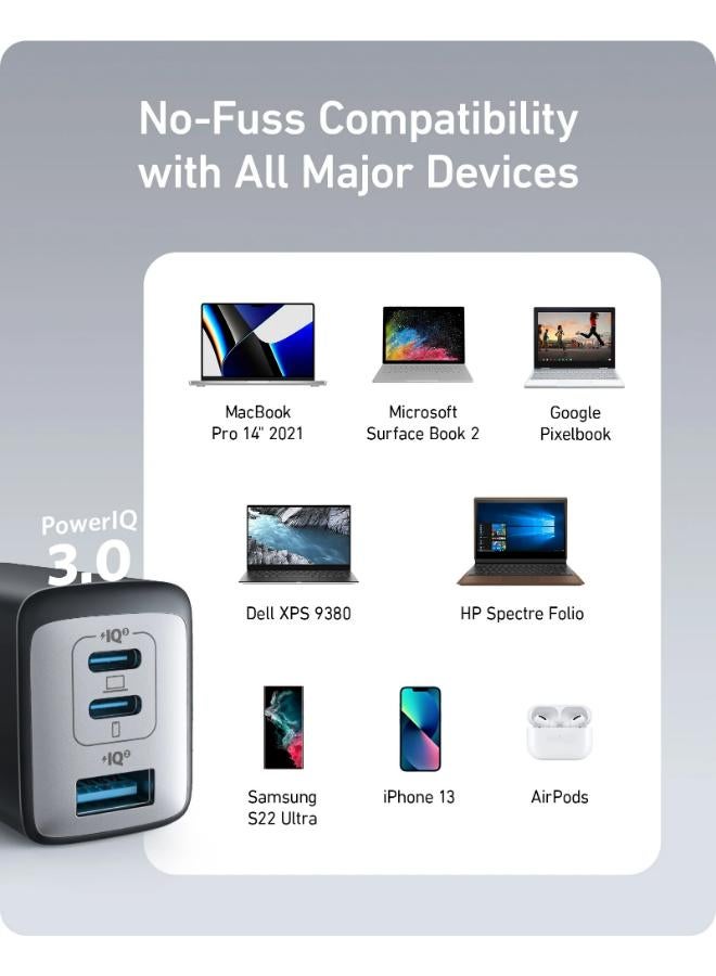 USB C Charger,  735 Charger GaNPrime 65W, PPS 3-Port Fast Compact Foldable Wall Charger for MacBook Pro/Air, iPad Pro, Samsung S25/S24, Dell XPS 13, iPhone 16/15/14, Huawei, Xiaomi, Redmi, Black Black