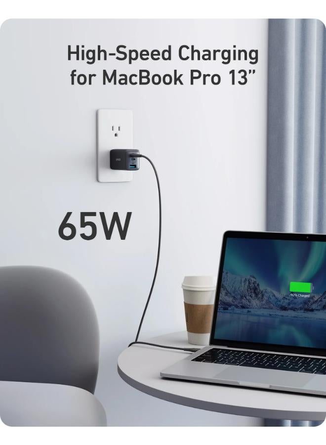 USB C Charger,  735 Charger GaNPrime 65W, PPS 3-Port Fast Compact Foldable Wall Charger for MacBook Pro/Air, iPad Pro, Samsung S25/S24, Dell XPS 13, iPhone 16/15/14, Huawei, Xiaomi, Redmi, Black Black