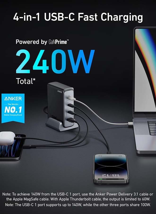 240W USB C Plug, Prime GaN Charger, 4-Port Fast Compact GaN Charger for MacBook Pro/Air, iPhone 17/16 Series, iPad Pro, Dell XPS, Galaxy S24/S23, Huawei, Xiaomi, Apple Watch, Vivo and More Black