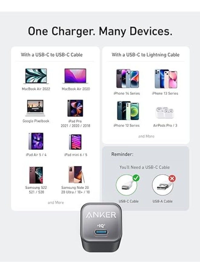 USB C GaN Charger 30W, Anker 511 Charger (Nano 3), PIQ 3.0 Foldable PPS Fast Charger for iPhone 15/15 Pro/14/14 Pro Max/13, Galaxy, iPad (Cable Not Included) - Aurora
