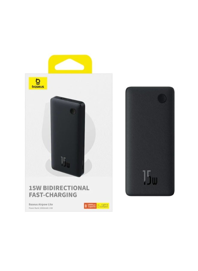 10000 mAh OS-Baseus Airpow Lite Power Bank 15W Cosmic Black (With Simple Series Data Cable USB to Type-C 30cm Black) Black