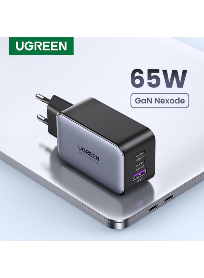65W Gan Fast Charger 3 port USB-C Charger , 2 Type -C and 1 USB-A , for iPhone 16/15/14 Series, Samsung S23,S24 MacBook Air, Pixel book, iPad Pro, & More Black