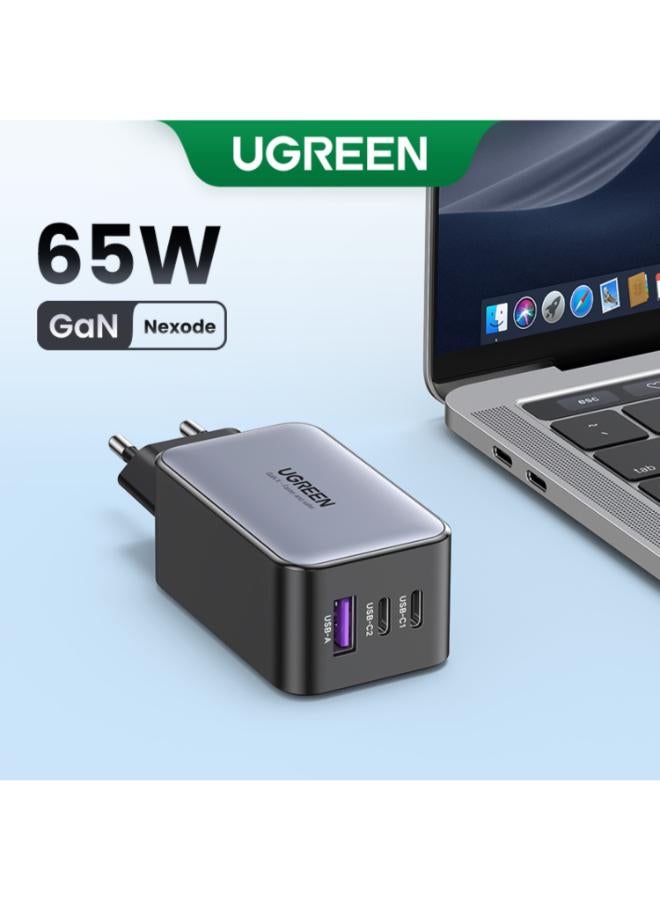 65W Gan Fast Charger 3 port USB-C Charger , 2 Type -C and 1 USB-A , for iPhone 16/15/14 Series, Samsung S23,S24 MacBook Air, Pixel book, iPad Pro, & More Black