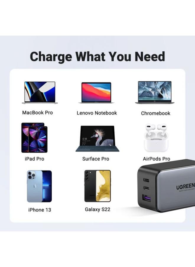 65W Gan Fast Charger 3 port USB-C Charger , 2 Type -C and 1 USB-A , for iPhone 16/15/14 Series, Samsung S23,S24 MacBook Air, Pixel book, iPad Pro, & More Black
