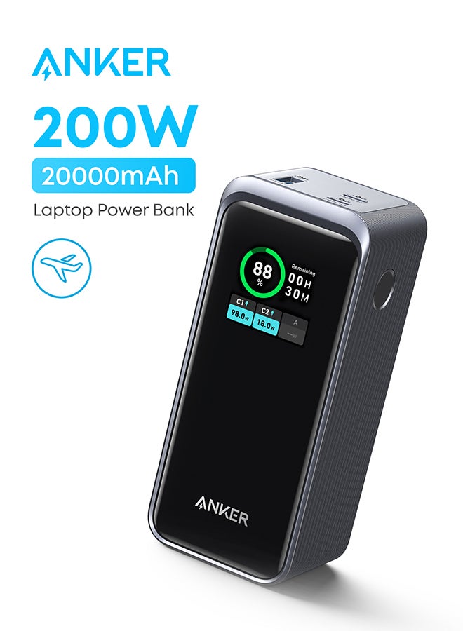 20000 mAh Prime Power Bank, 20,000mAh Portable Charger with 200W Output, Smart Digital Display, 2 USB-C and 1 USB-A Port Compatible with MacBook Pro/Air, iPhone 17/16 Series, Samsung, Huaiwei, Dell Black