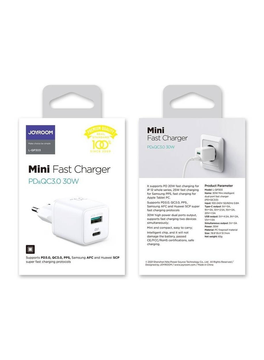 JOYROOM FAST WALL CHARGER (EU PLUG) USB / USB TYP C 30W POWER DELIVERY QUICKCHARGE 3.0 AFC FCP WHITE (L-QP303) White