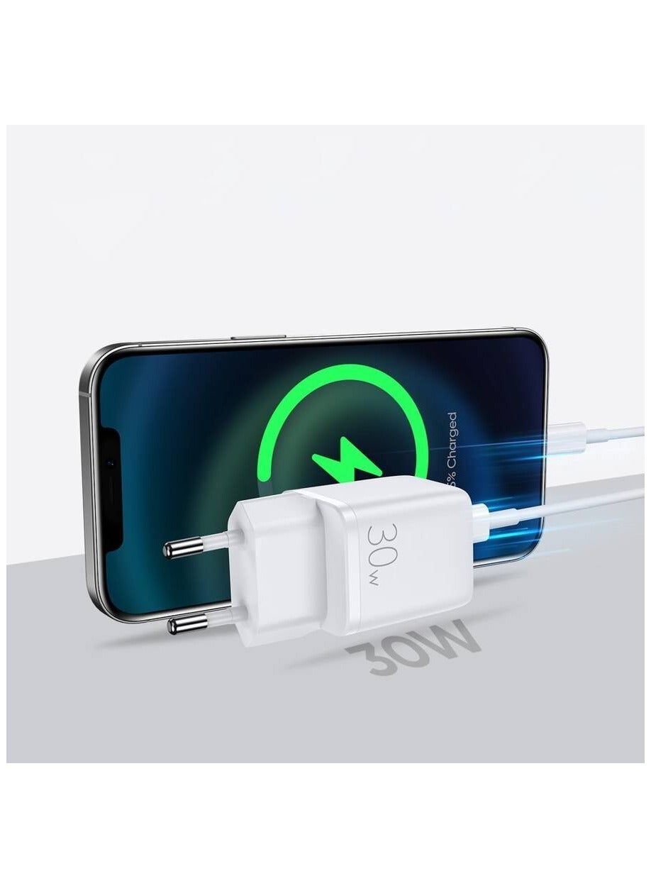 JOYROOM FAST WALL CHARGER (EU PLUG) USB / USB TYP C 30W POWER DELIVERY QUICKCHARGE 3.0 AFC FCP WHITE (L-QP303) White
