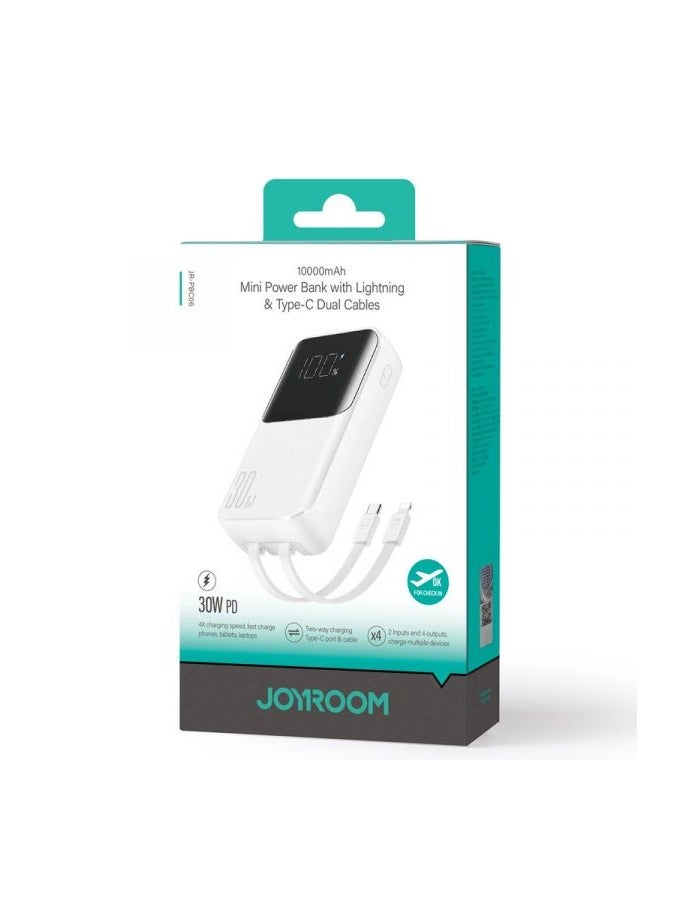 10000 mAh JR-PBC06 Mini Power Bank with Dual Cables, 30W - White