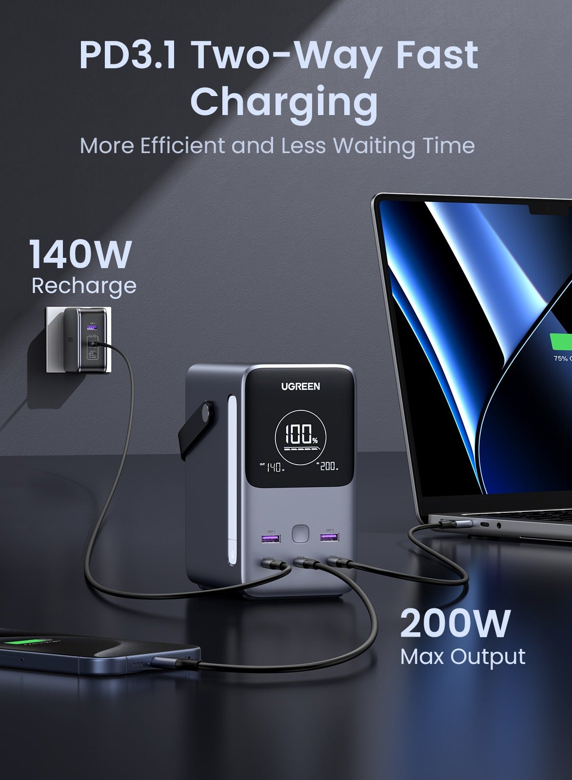 48000.0 mAh 48000mAh Power Bank Total 300W Output Portable Charger 3C2A Battery Pack Household Station With Realtime Display LED Screen With LED Light Compatible With Macbook Lenovo iPad iPhone 16 Galaxy S24 Grey