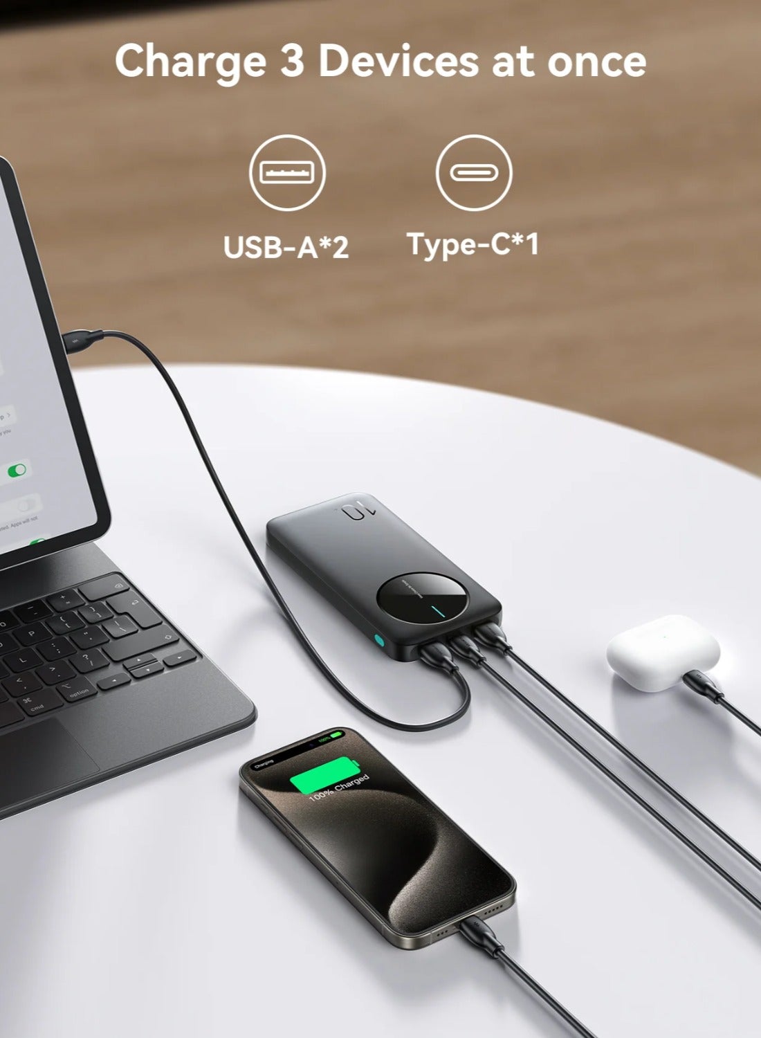 10000 mAh JR-PBF12 2.4A LED Power Bank with 3 Ports, Fast Charging for iPhone 15 14 13 Pro, Huawei, iPad Pro/Air, Samsung Galaxy and Plus Encore - White
