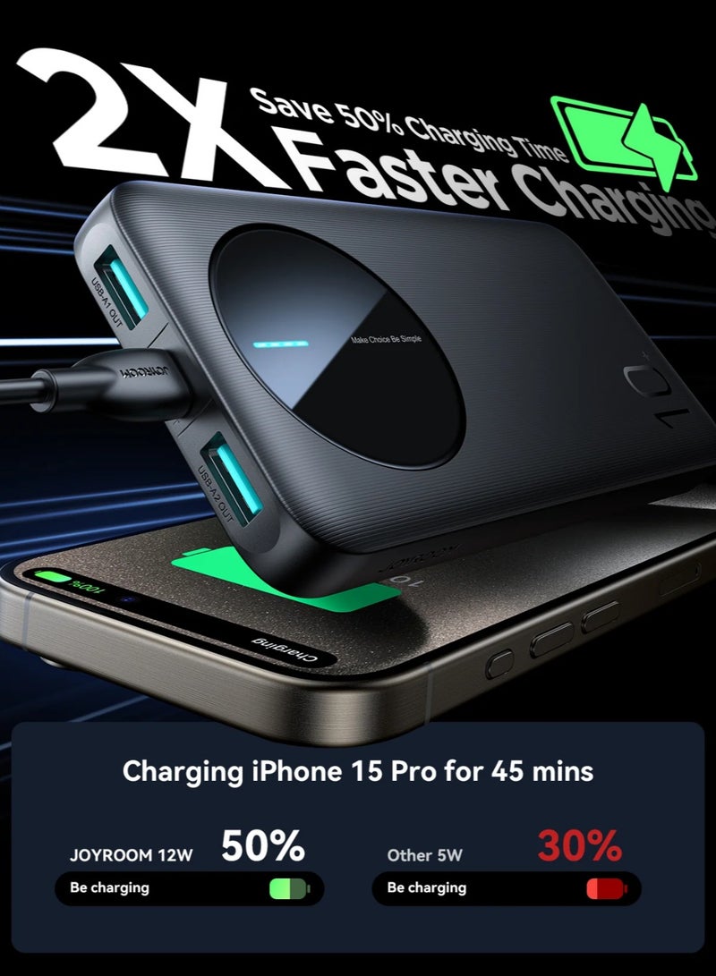 10000 mAh ,JR-PBF12 LED Power Bank – 12 W USB‑C Pd & Dual 2.4 A USB‑A Outputs, Led Battery Display, Ultra-Slim Fireproof Design, Triple‑Device Fast Charging - Black
