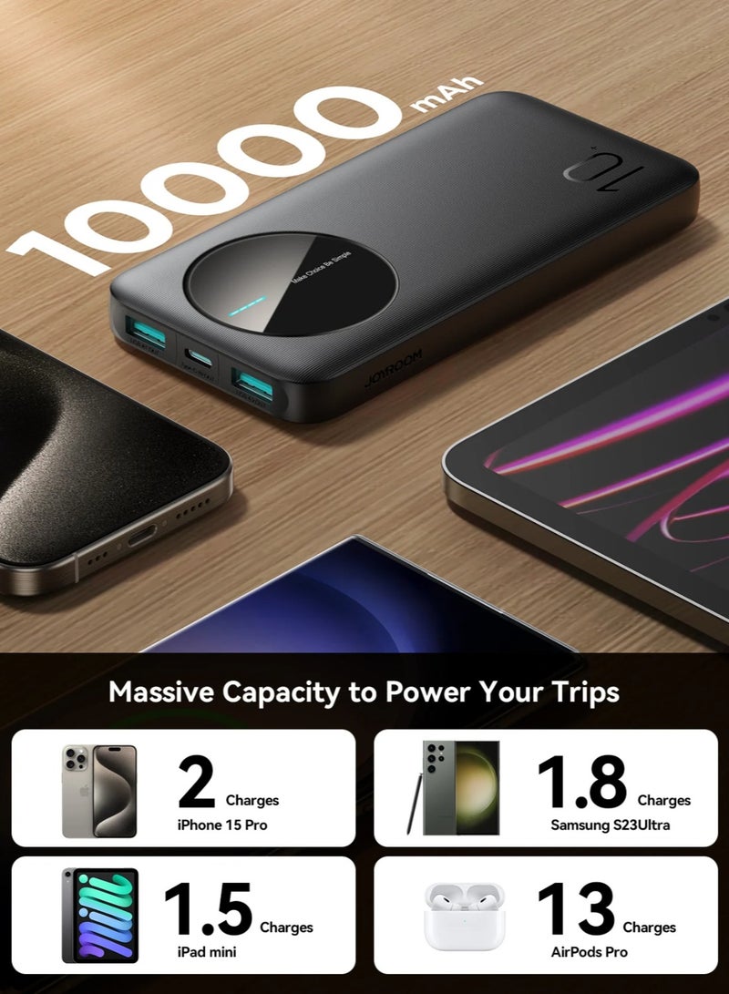 10000 mAh ,JR-PBF12 LED Power Bank – 12 W USB‑C Pd & Dual 2.4 A USB‑A Outputs, Led Battery Display, Ultra-Slim Fireproof Design, Triple‑Device Fast Charging - Black