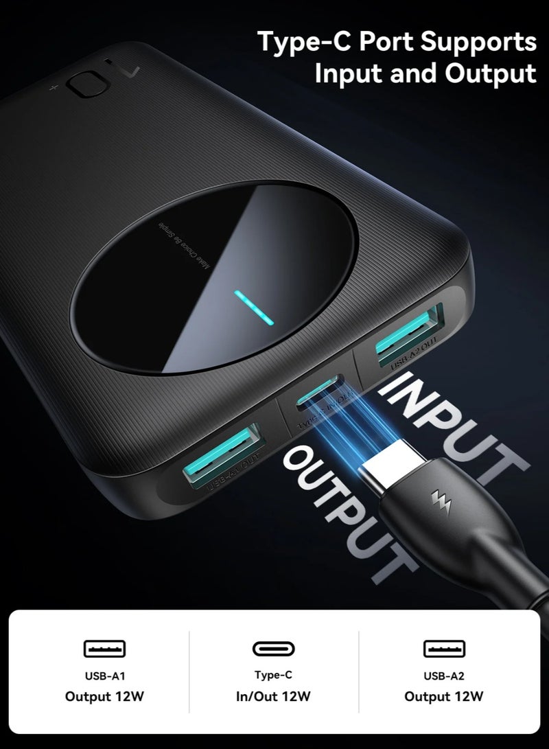 10000 mAh ,JR-PBF12 LED Power Bank – 12 W USB‑C Pd & Dual 2.4 A USB‑A Outputs, Led Battery Display, Ultra-Slim Fireproof Design, Triple‑Device Fast Charging - Black